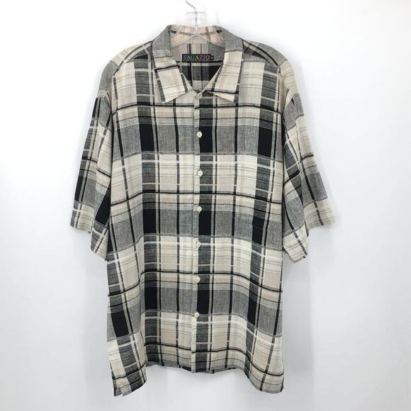 Bagazio Men's Linen Shirt XL Plaid Black & Cream Short Sleeve Button Up Front - Picture 3 of 8